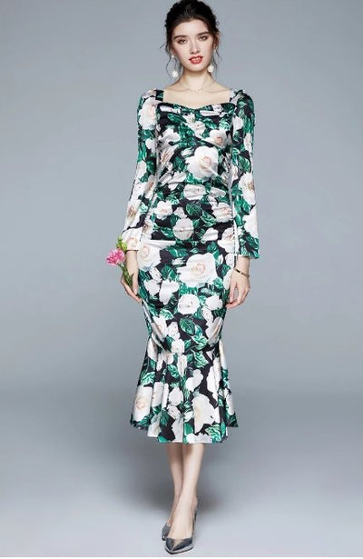 Rochie De Ceremonie Florală Verde De Epocă