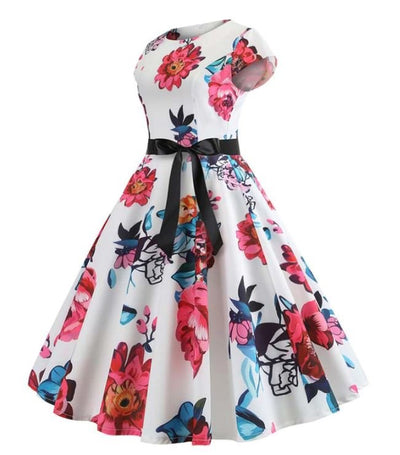 Rochie Evazată Vintage Albă Și Roz