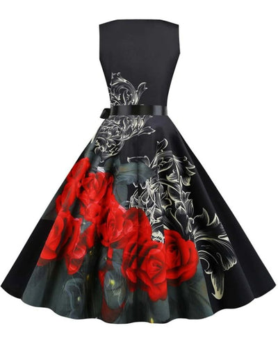 Rochie Evazată Florală Neagră De Epocă