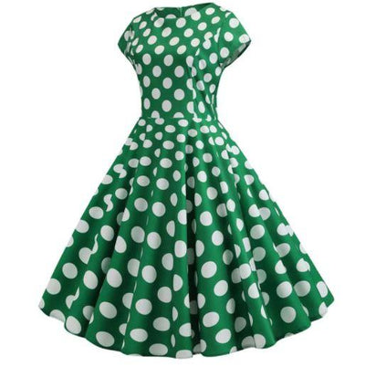 Rochie Vintage Verde Evazată Cu Buline Albe