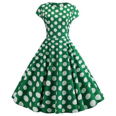 Rochie Vintage Verde Evazată Cu Buline Albe