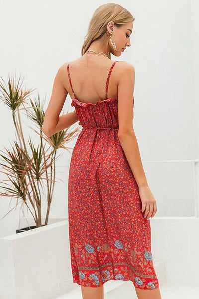 Rochie Florală Roșie De Epocă