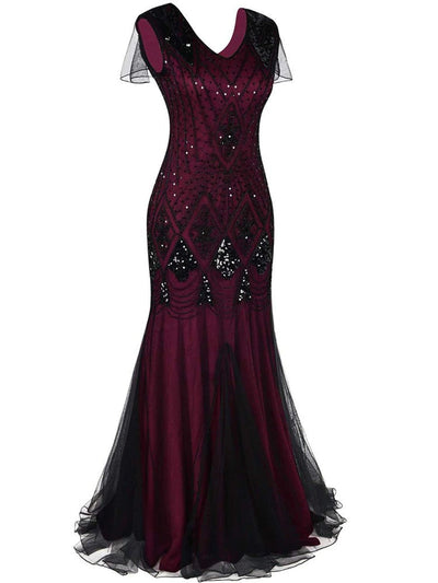 Rochie Gatsby Lungă Haute Couture Bordeaux Și Negru
