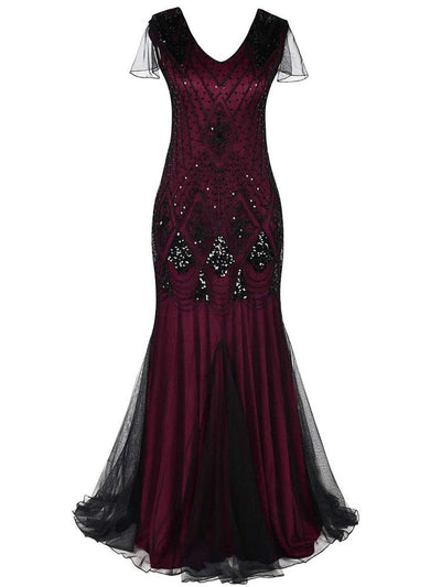 Rochie Gatsby Lungă Haute Couture Bordeaux Și Negru