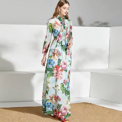 Rochie Lungă Florală Vintage Verde