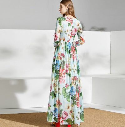 Rochie Lungă Florală Vintage Verde