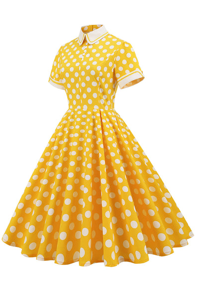 Rochie Vintage Elegantă Cu Buline Galbene