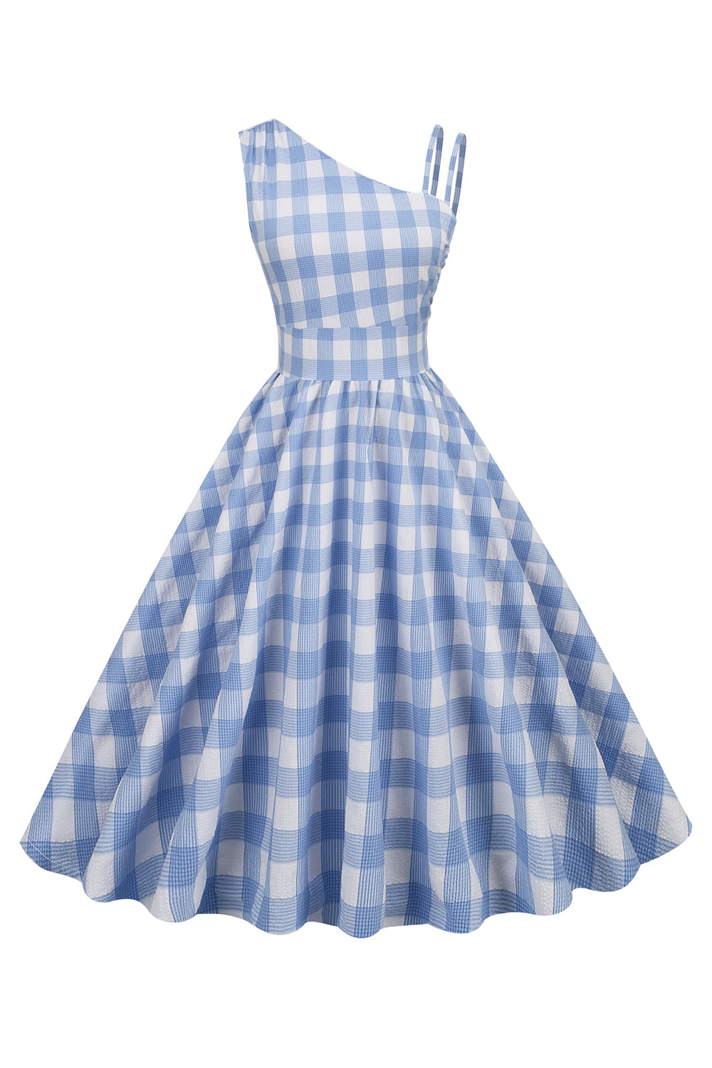Rochie Asimetrică În Carouri Albastre Vintage