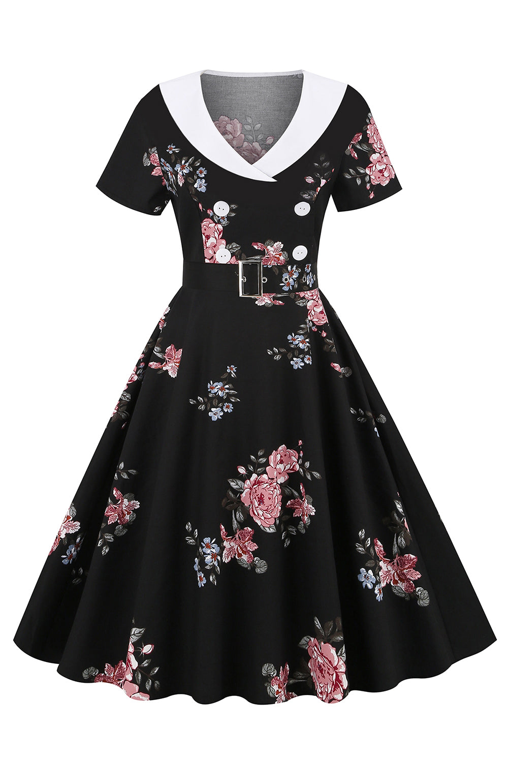 Rochie Vintage Neagra Print Floral Cu Curea