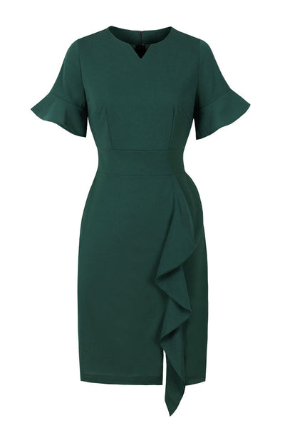 Rochie Verde Închis Cu Volan Vintage