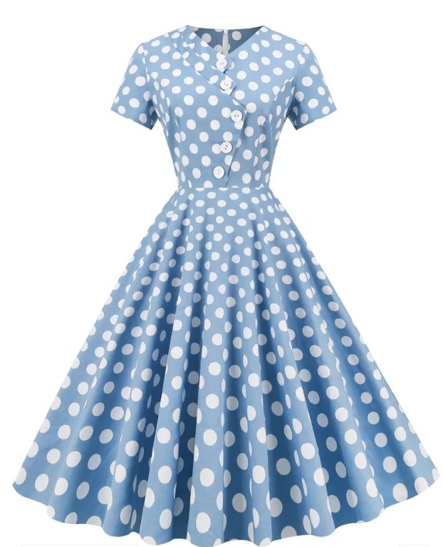 Rochie Deschisă De Epocă Albastră Cu Buline