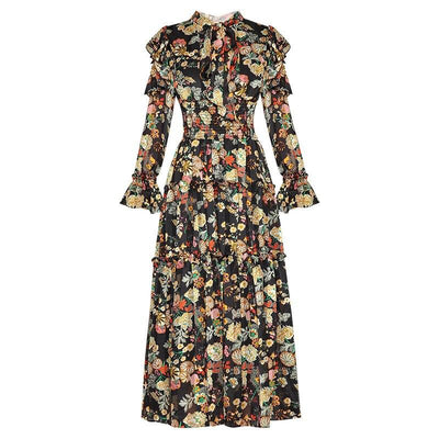 Rochie Florală Neagră Cu Talie Înaltă Anilor 40