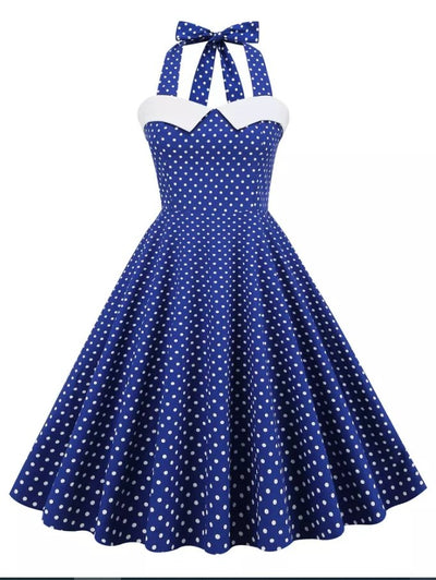 Rochie Vintage Albastră Cu Buline Albe
