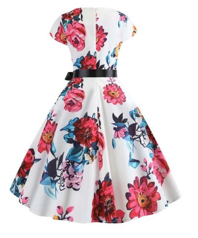 Rochie Evazată Vintage Albă Și Roz
