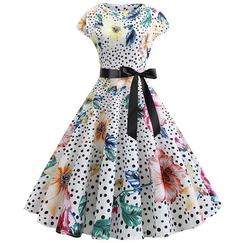 Rochie Albă Anii 50 Cu Flori Și Buline