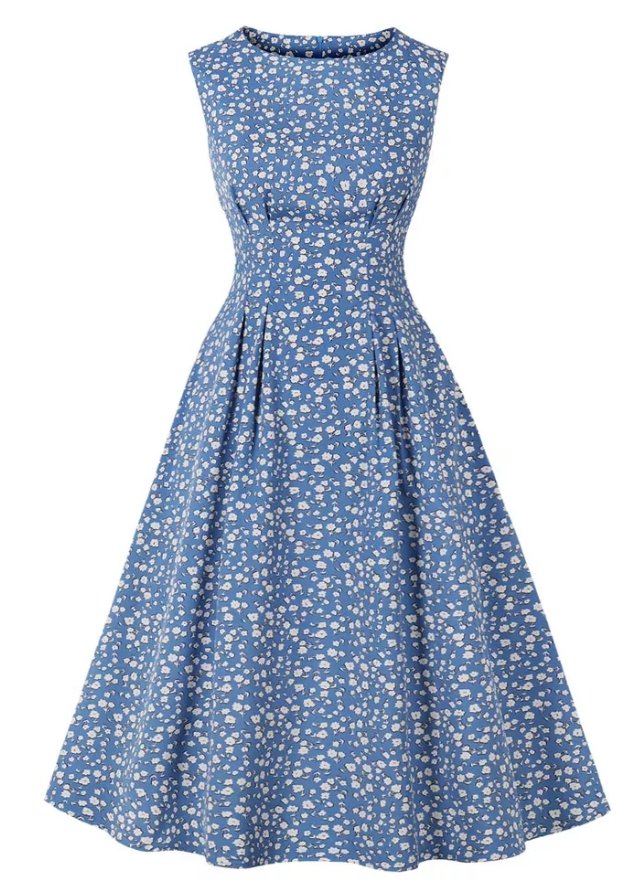 Rochie Vintage Albastră Evazată Cu Flori Albe