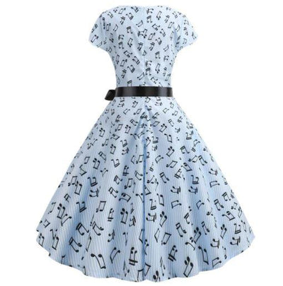 Rochie Evazată Albastră Muzicală De Epocă