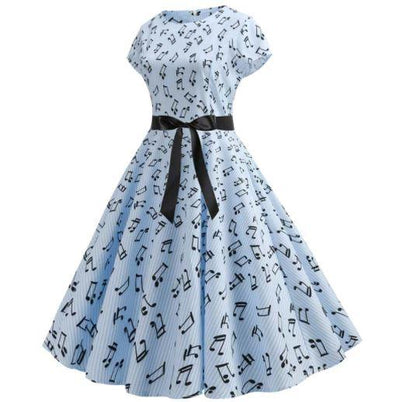 Rochie Evazată Albastră Muzicală De Epocă