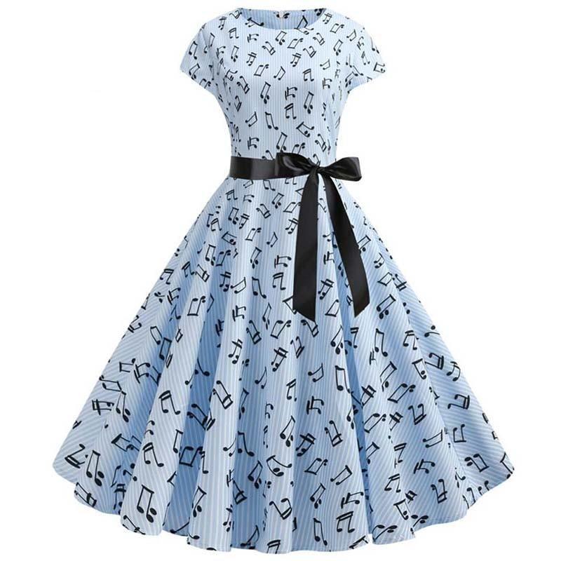 Rochie Evazată Albastră Muzicală De Epocă