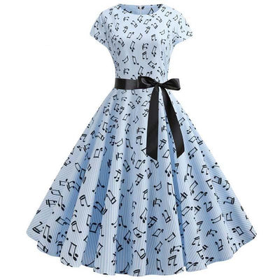 Rochie Evazată Albastră Muzicală De Epocă
