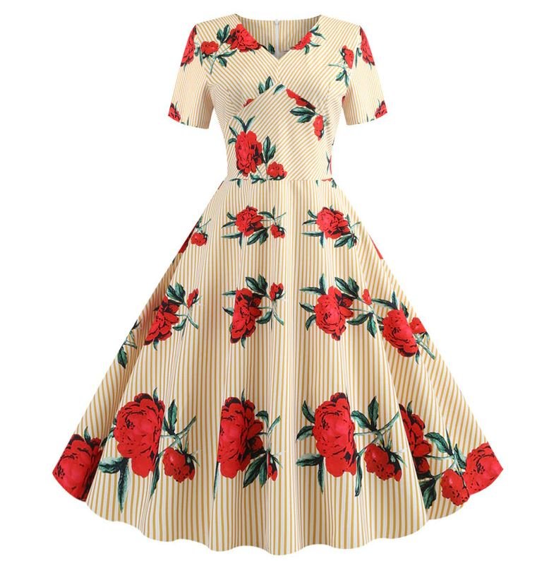 Rochie Evazată Cu Flori Galbene De Epocă