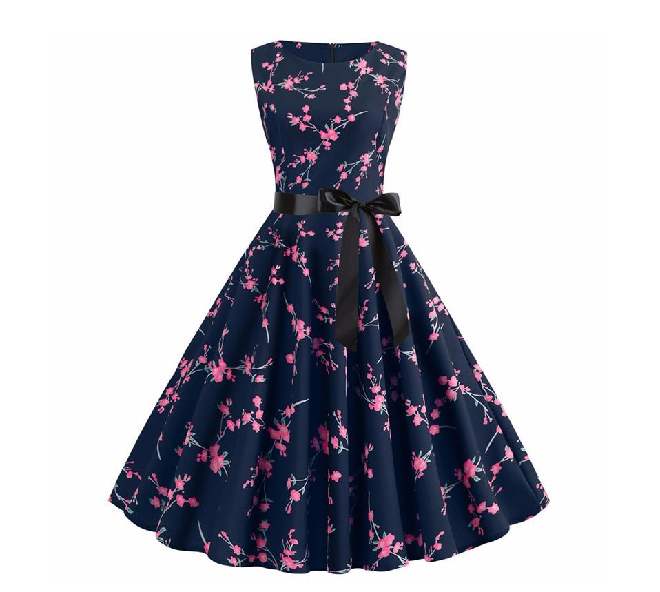 Rochie Evazată Cu Flori Vintage Bleumarin