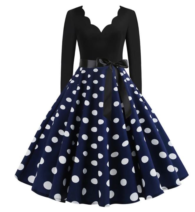 Rochie Vintage Evazată Cu Buline Bleumarin Alb