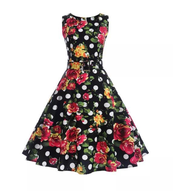 Rochie Evazată Cu Flori De Epocă Bleumarin