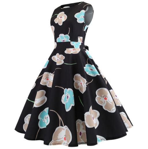 Rochie Evazată Cu Flori Negre De Epocă