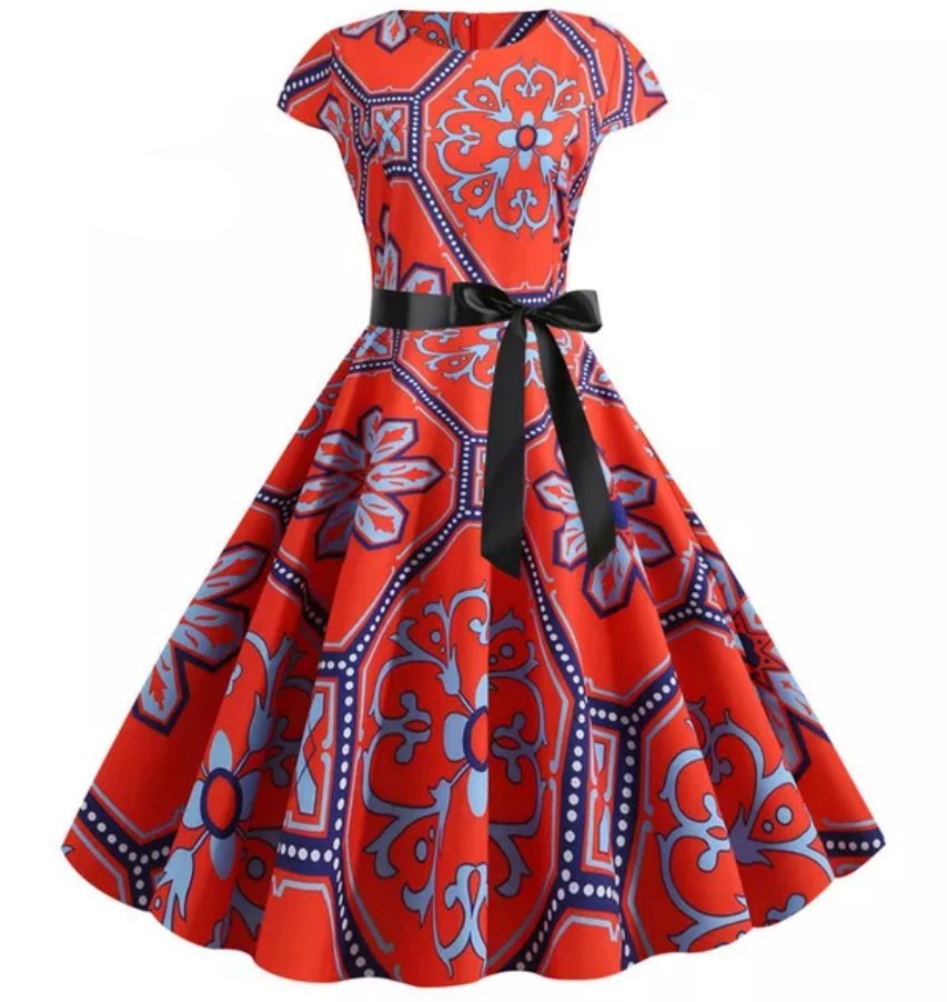 Rochie Evazată Cu Flori Roșii De Epocă