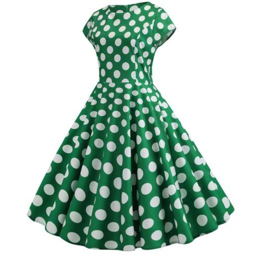 Rochie Vintage Verde Evazată Cu Buline Albe
