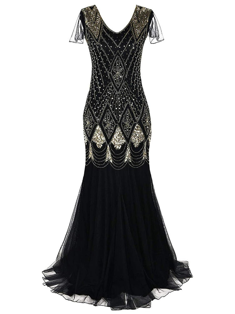 Rochie Gatsby Haute Couture Lunga Neagra Si Aurie