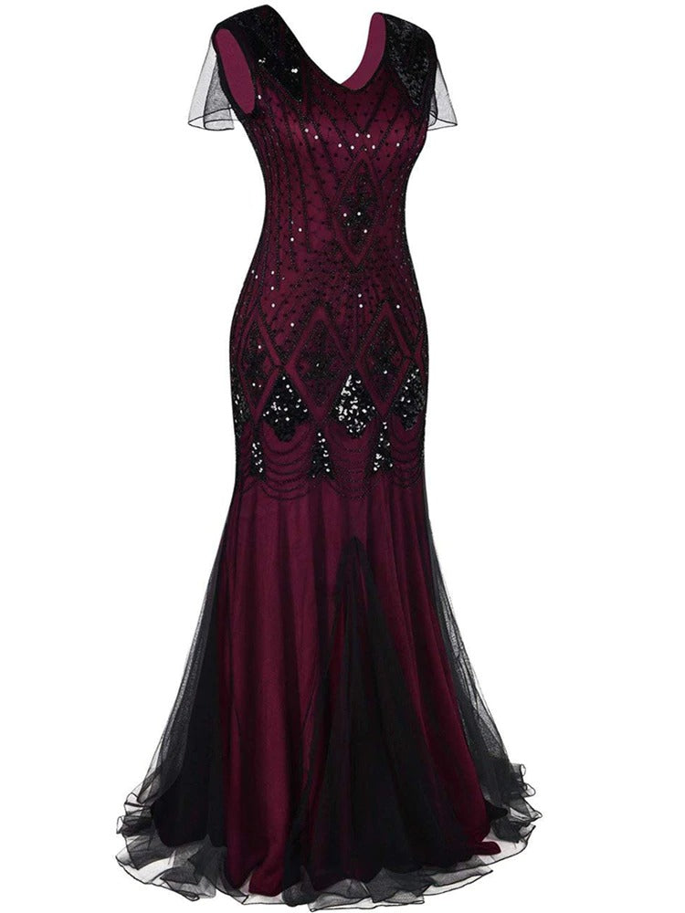 Rochie Gatsby Lungă Haute Couture Bordeaux Și Negru
