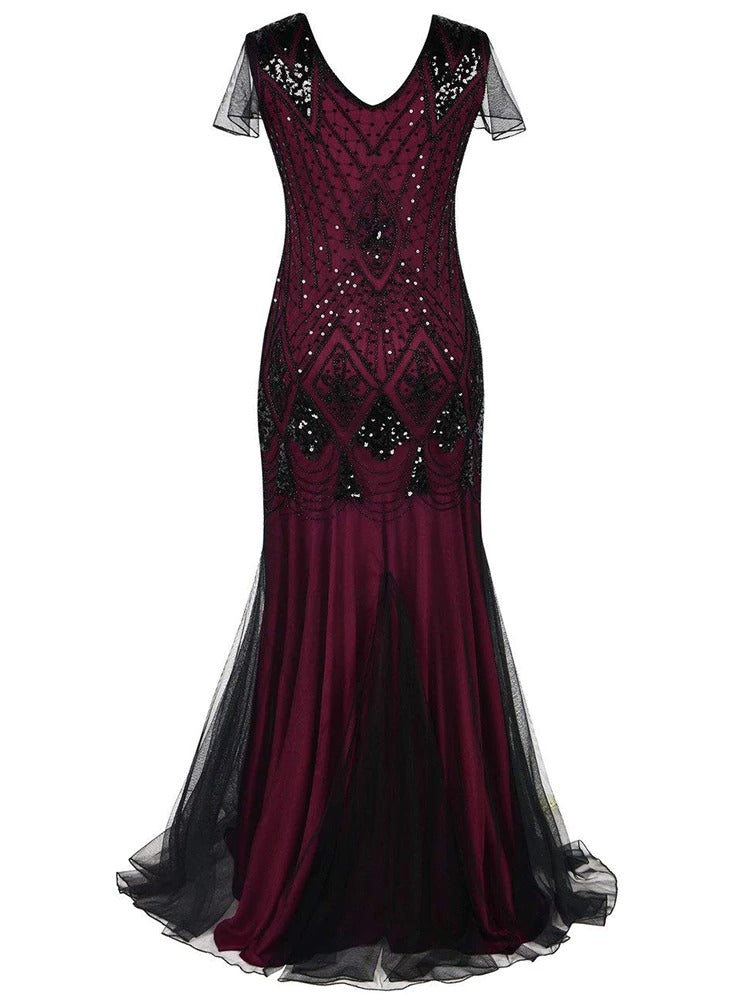 Rochie Gatsby Lungă Haute Couture Bordeaux Și Negru