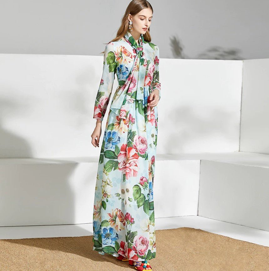 Rochie Lungă Florală Vintage Verde