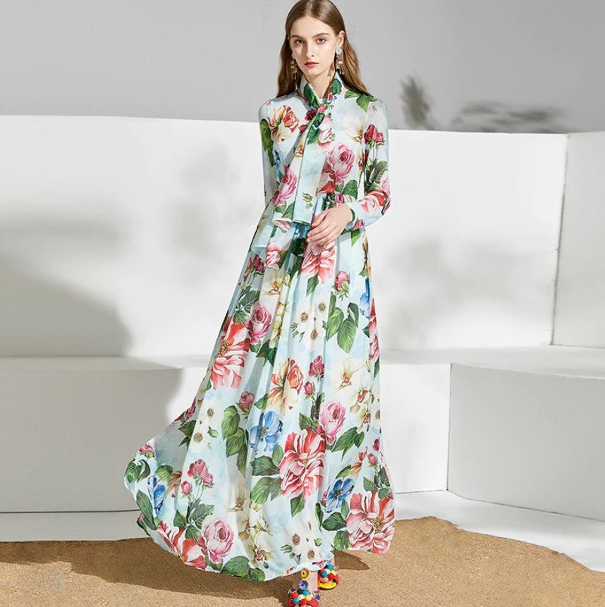 Rochie Lungă Florală Vintage Verde