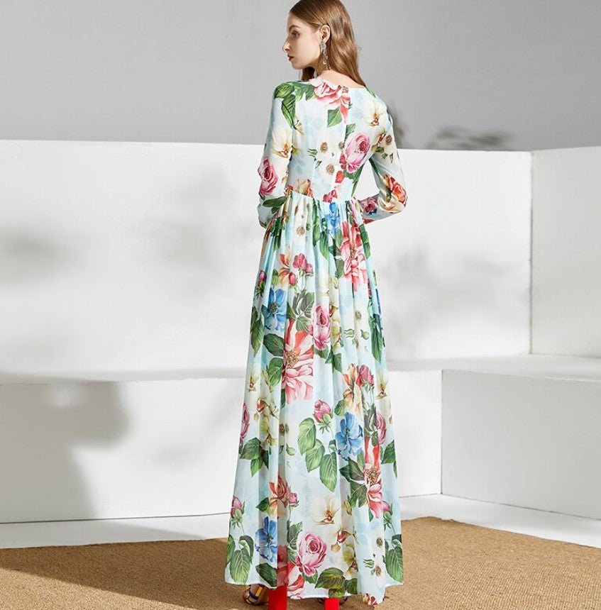 Rochie Lungă Florală Vintage Verde