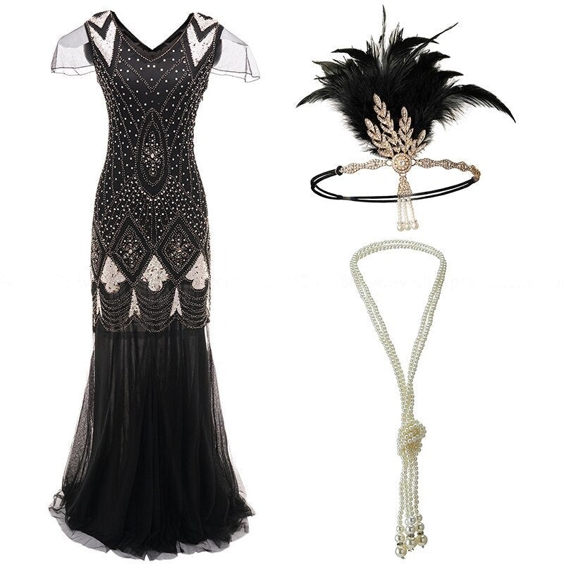 Rochie Lunga Stil Anii 20 Negru Si Auriu