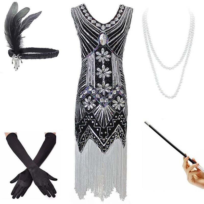 Rochie Vintage Anii 20 Argintiu Negru