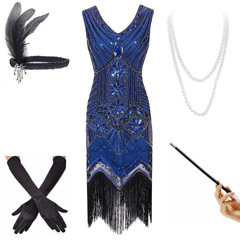 Rochie Albastră De Epocă Anii 20 (Cu Accesorii)