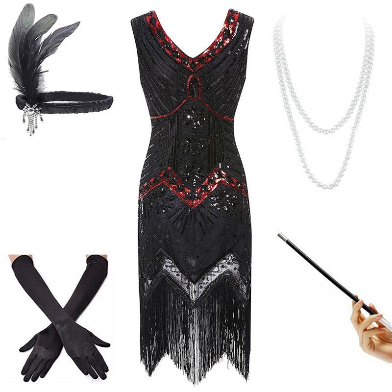 Rochie Roșie Și Neagră De Epocă Anii 20 (Cu Accesorii)