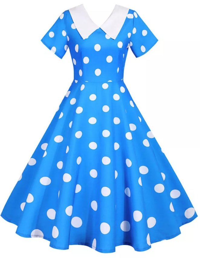 Rochie Vintage Albastră Cu Buline Albe
