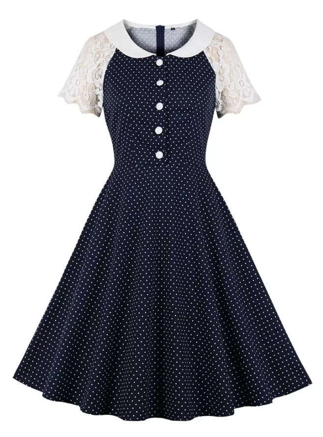 Rochie De Epocă Cu Guler Din Dantelă Albastră
