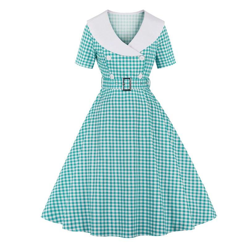 Rochie De Epocă Cu Carouri Turcoaz