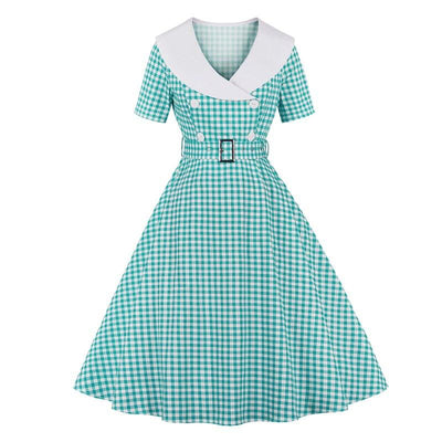 Rochie De Epocă Cu Carouri Turcoaz