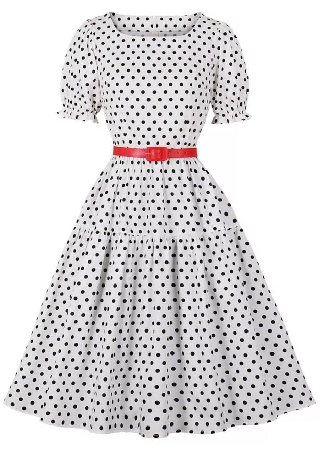 Rochie Albă Cu Buline Vintage Cu Gât Rotund