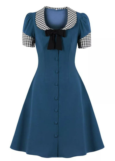 Rochie Vintage Albastră Cu Gât Rotund