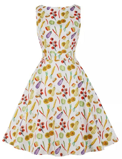Rochie Vintage Cu Decolteu Rotund Flori Crem