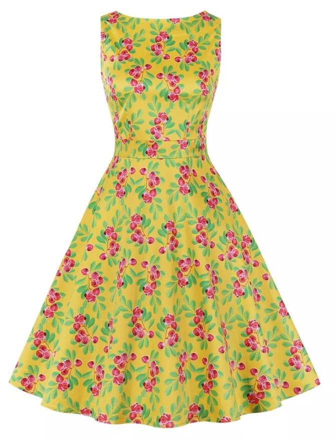 Rochie De Flori De Epocă Galbenă Cu Gât Rotund