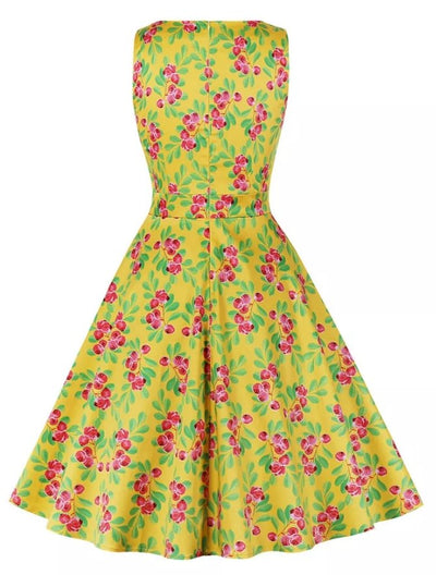 Rochie De Flori De Epocă Galbenă Cu Gât Rotund